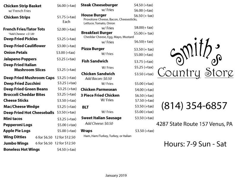 Menu at Smith's Country Store, Venus