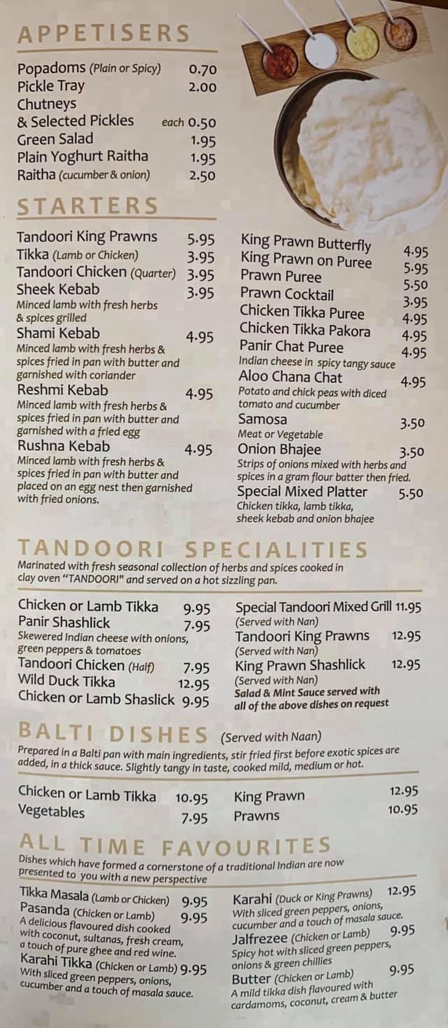 Menu at The House of Spice restaurant, Shanklin