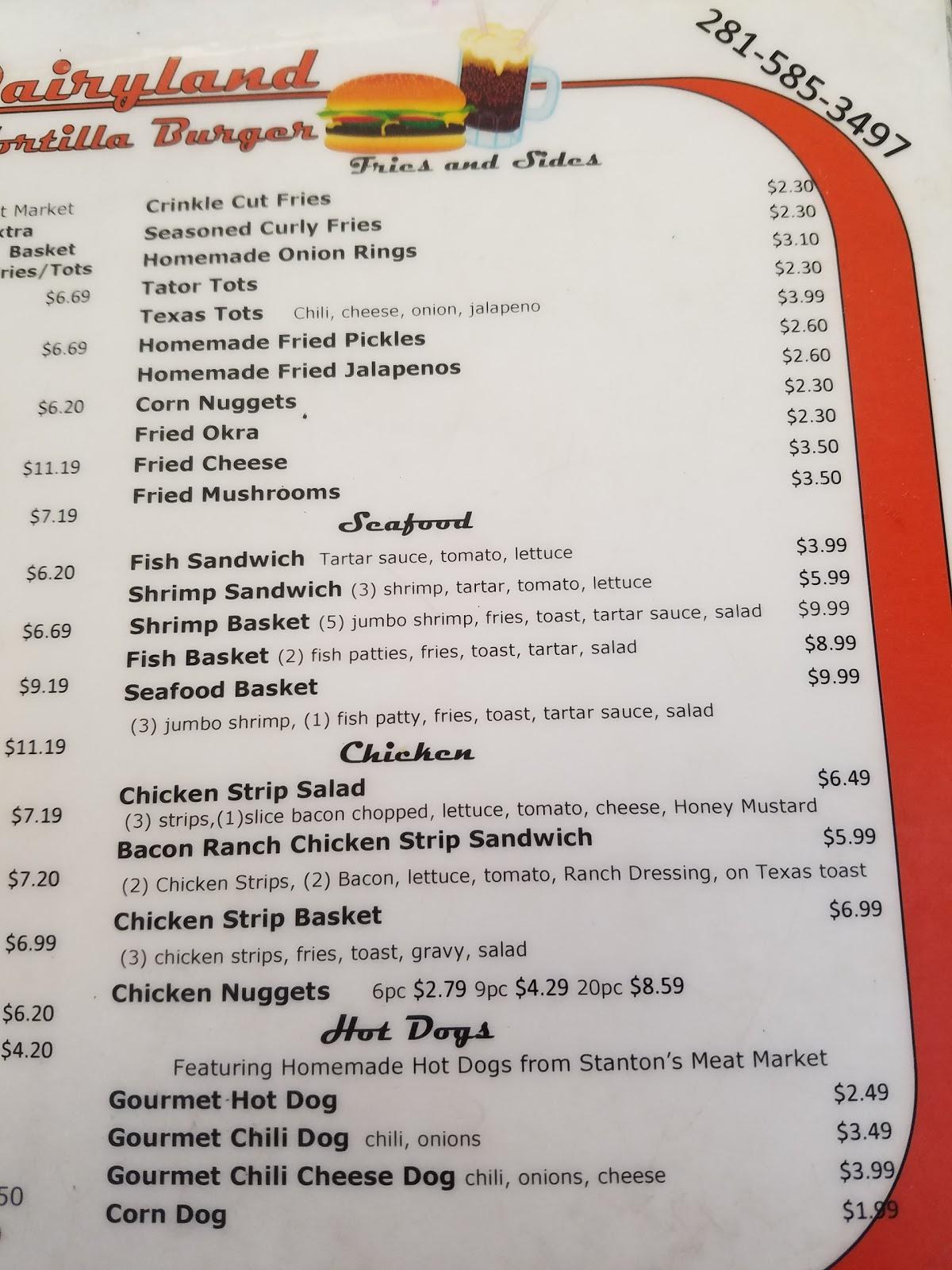 Menu at Dairy Land restaurant, Alvin, S Gordon St