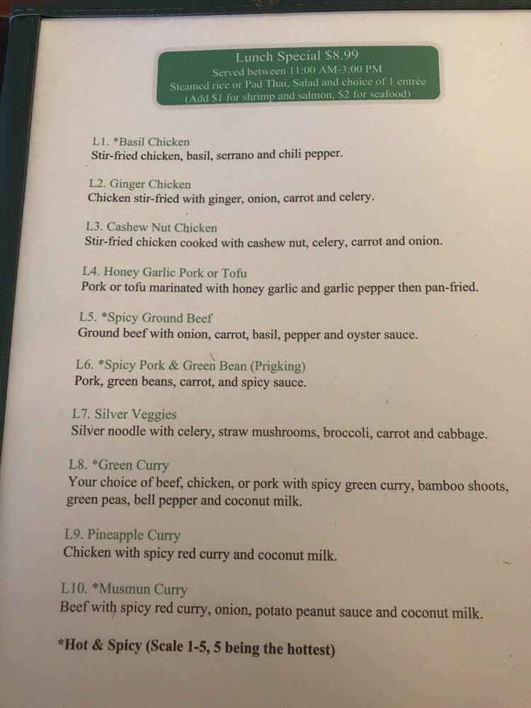 Menu at Thai Jasmine restaurant, Gardnerville