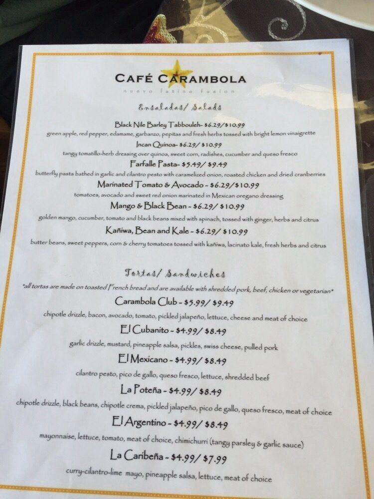 Menu at Café Carambola restaurant, Coeur d'Alene