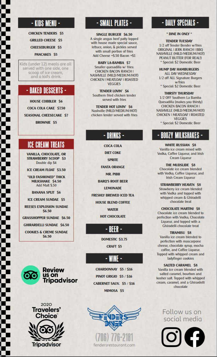 Menu at Fenders Diner restaurant, Cornelia