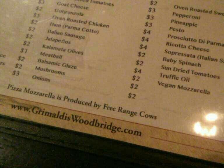 Menu at Grimaldi's Coal BrickOven Pizzeria, Woodbridge