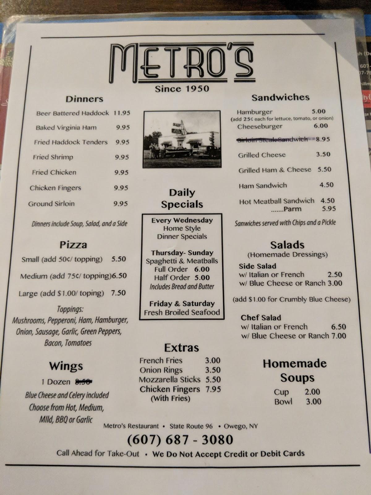 Menu at Metro's pizzeria, Owego