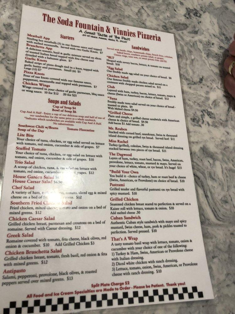 Menu at The Soda Fountain of Venice pizzeria, Venice