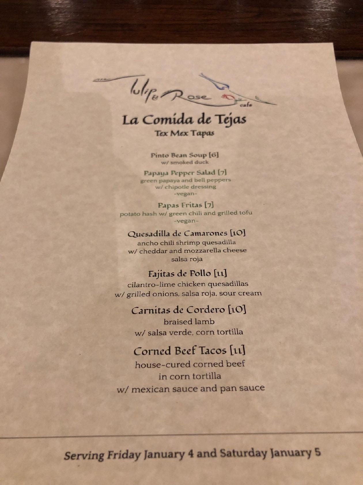Menu at The Tulip and the Rose Cafe, Franklin