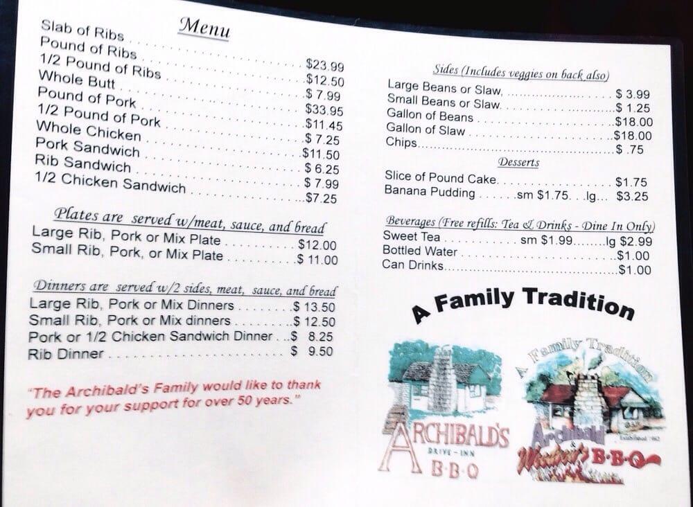 Menu at Archibald's BBQ, Northport, Martin Luther King Jr Blvd