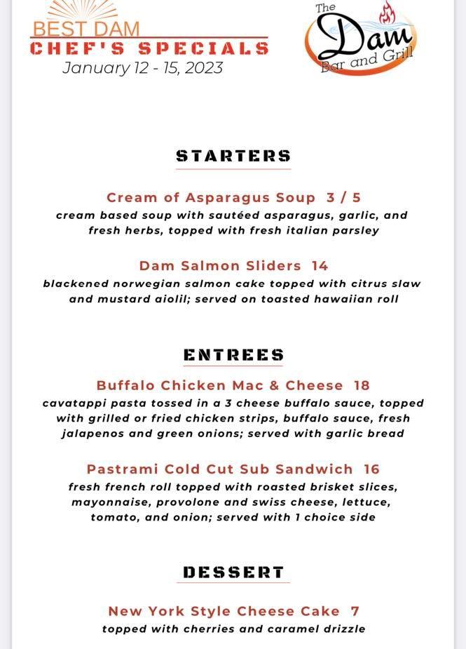 Menu at The Dam Bar & Grill, Lowell