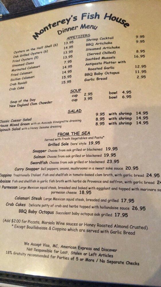Menu at Monterey's Fish House restaurant, Monterey