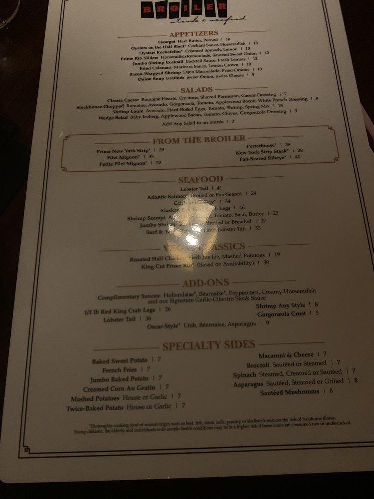 Menu at The Broiler steakhouse, Las Vegas, Boulder Hwy