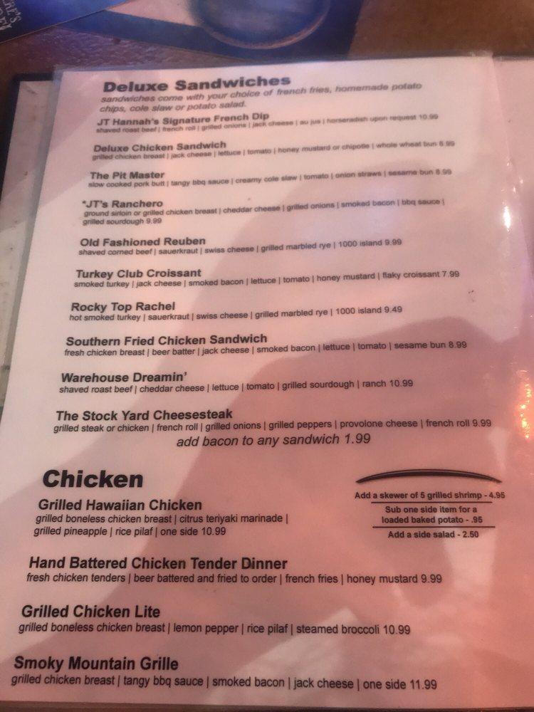 Menu at JT Hannah's Kitchen pub & bar, Pigeon