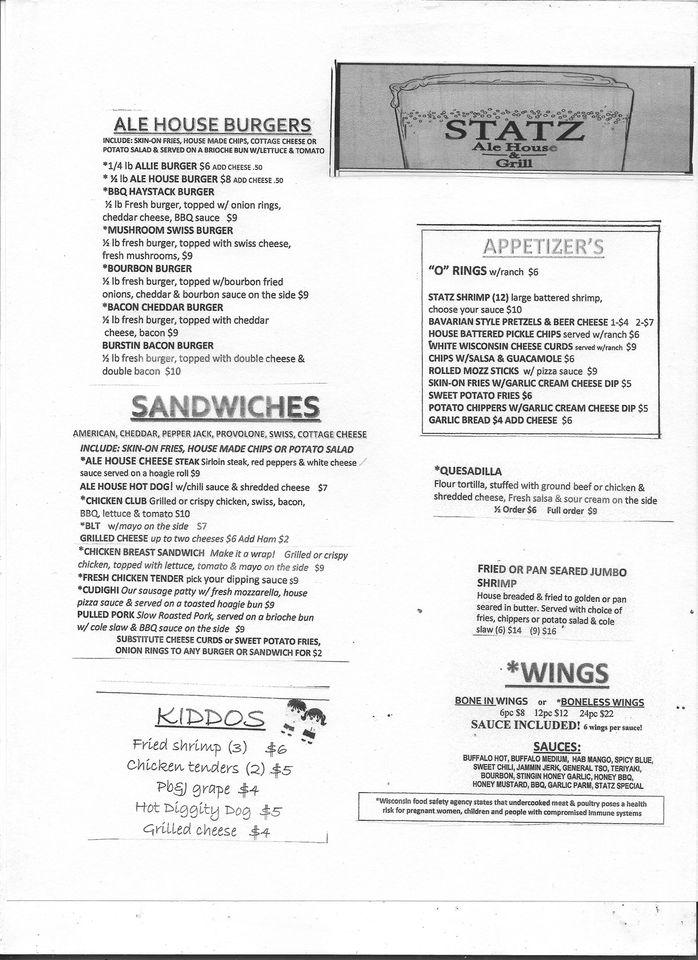 Menu at Statz Ale House & Grill pub & bar, Beaver Dam