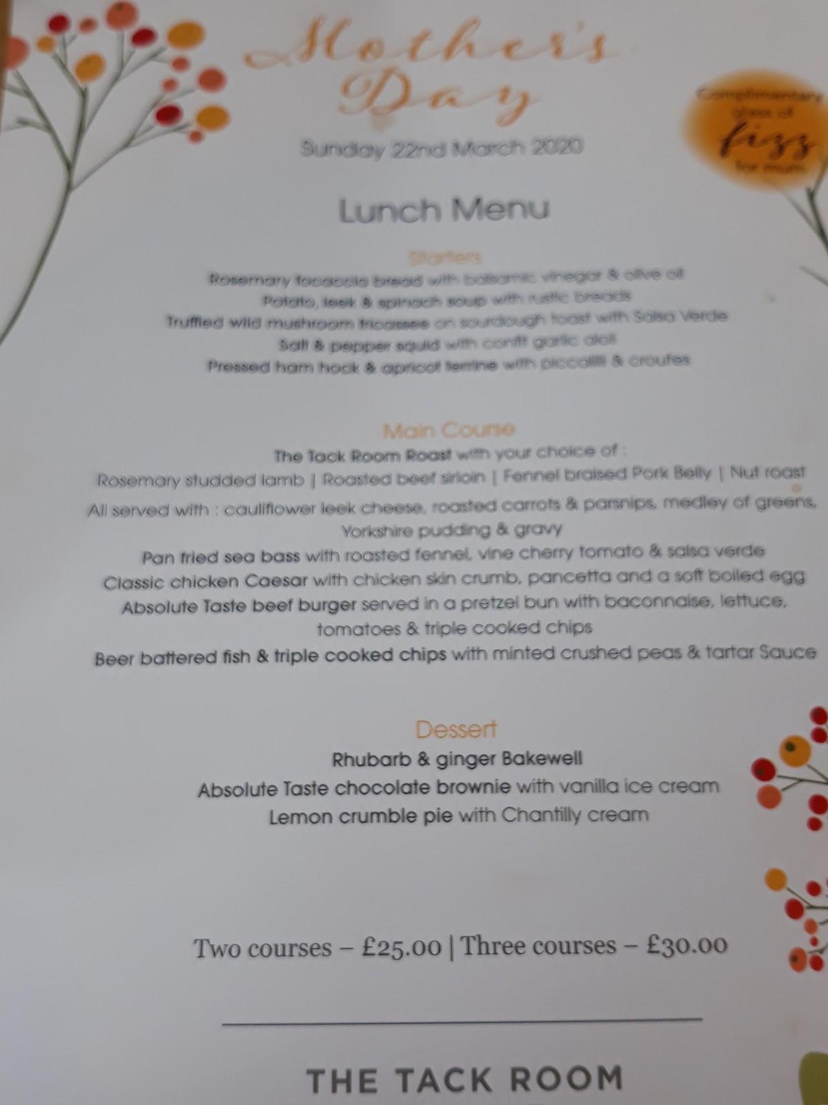 Menu at The Tack Room pub & bar, Newmarket