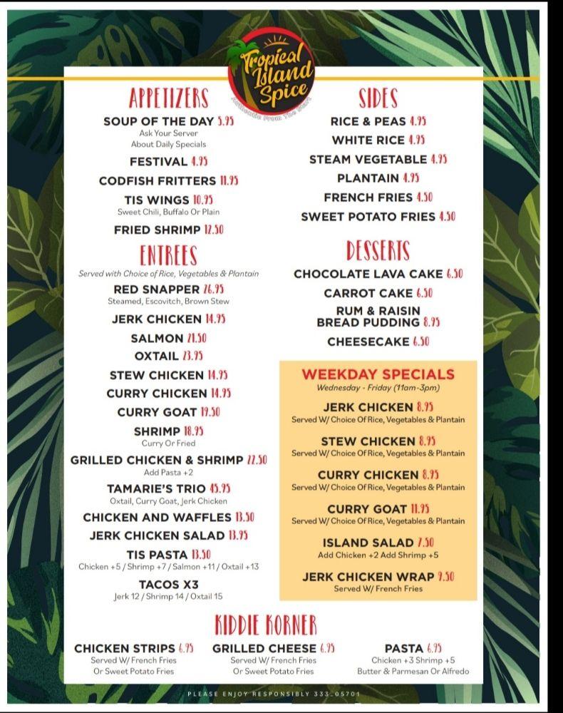 Menu at Tropical Island Spice pub & bar, Norwalk