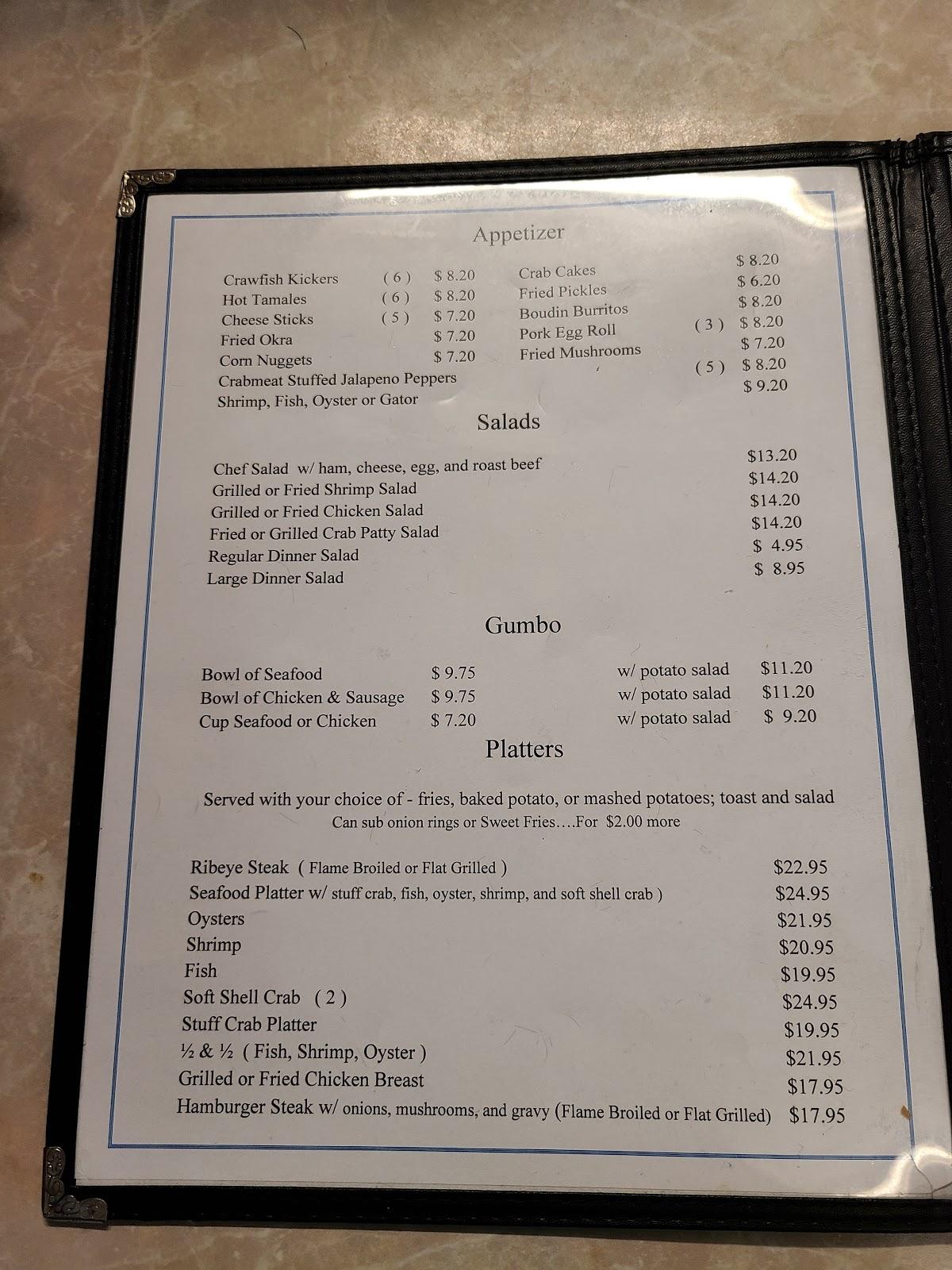 Menu at Starfish Restaurant, Grand Isle