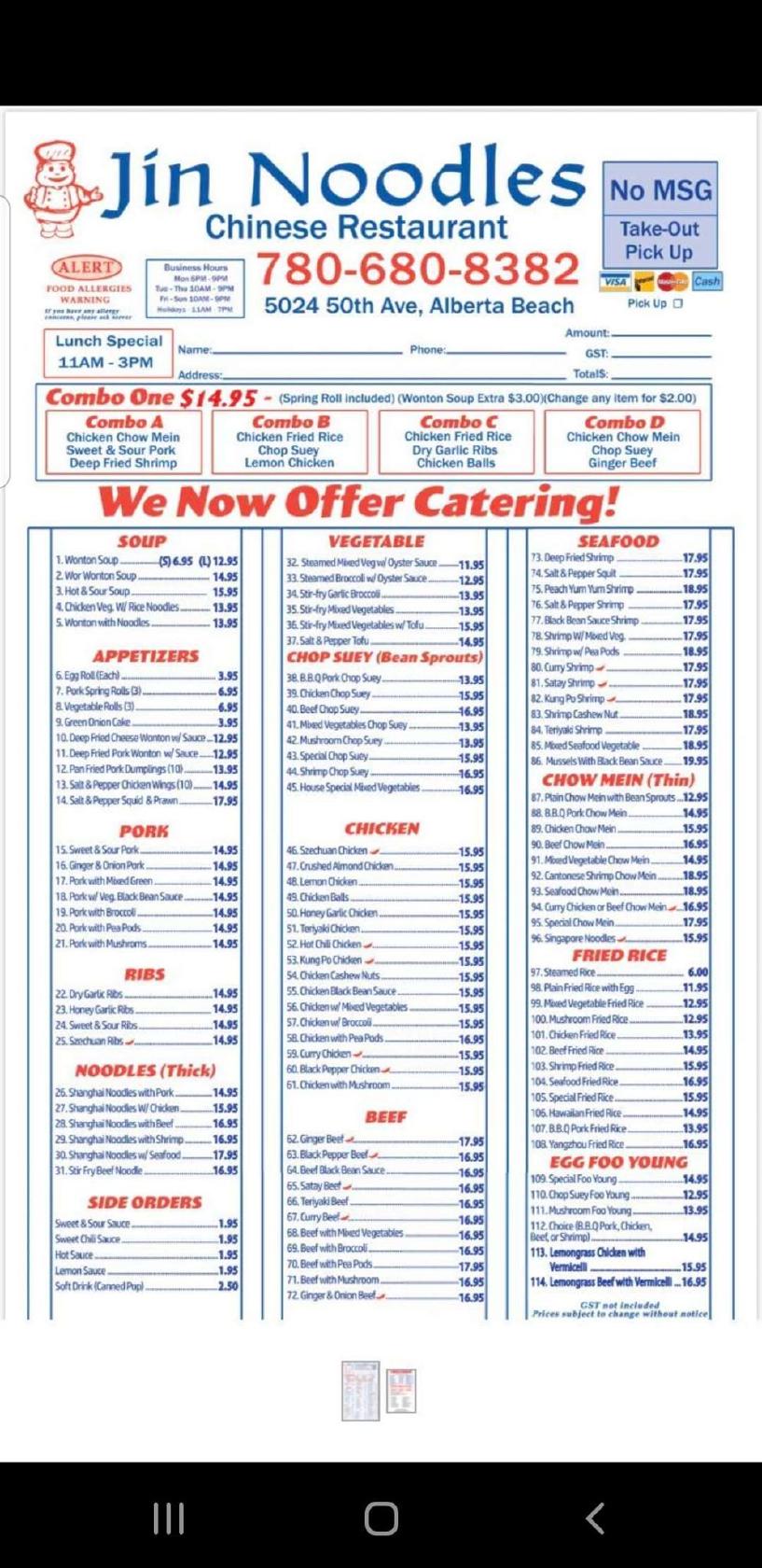 Menu at Jin Noodles restaurant, Alberta Beach