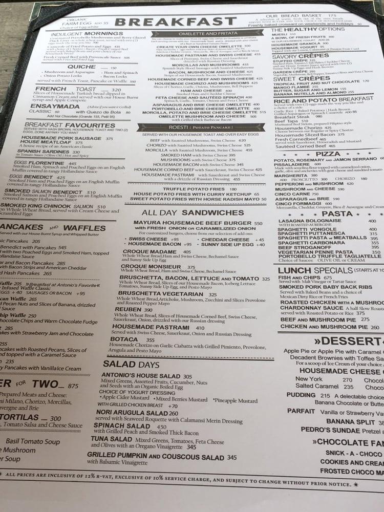 Menu at Breakfast at Antonio's restaurant, Tagaytay
