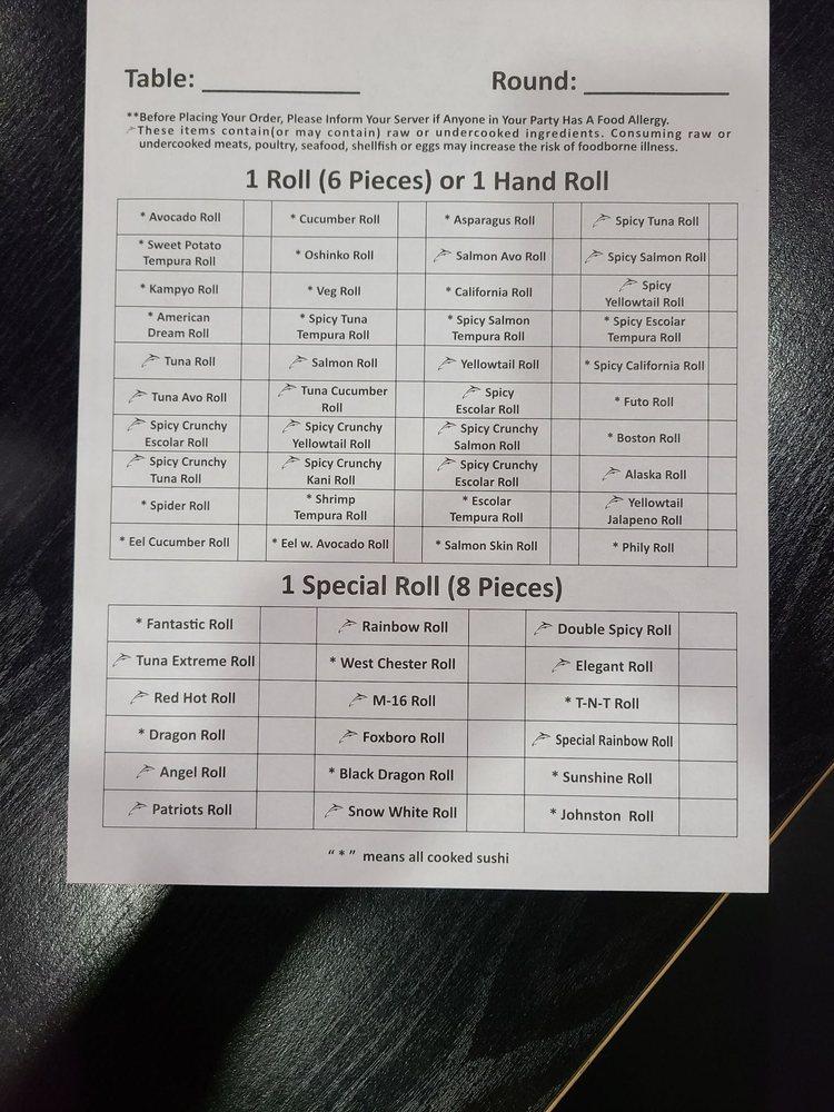 Carta de Cayenne sushi restaurant, Johnston