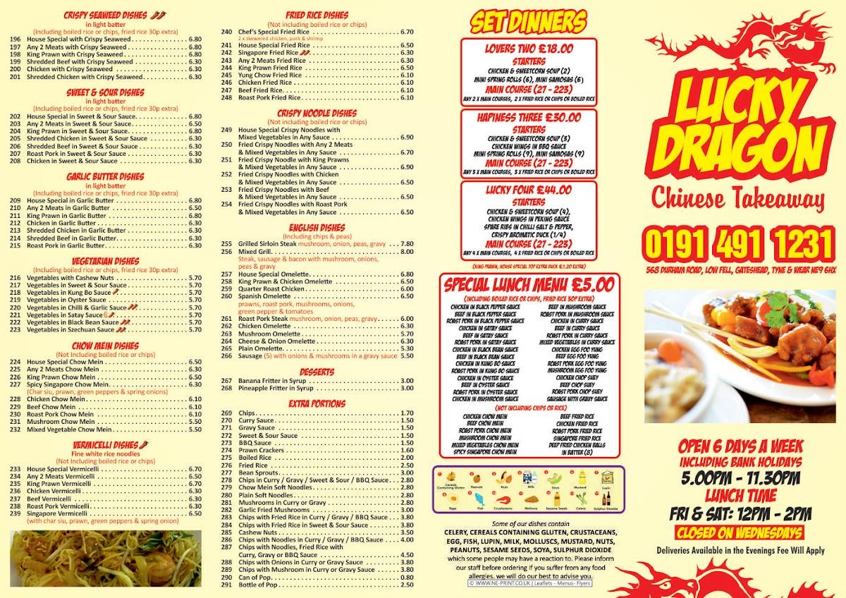 Menu at Lucky Dragon fast food, Gateshead
