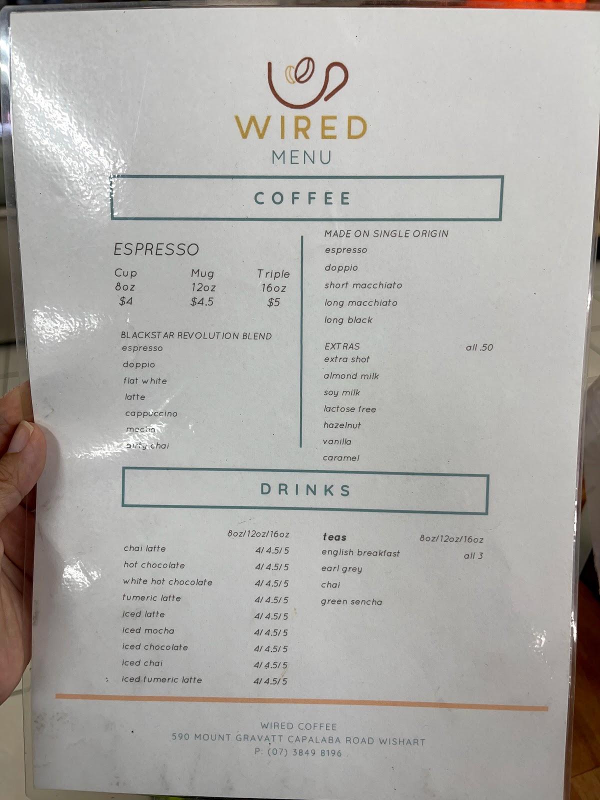 Menu at Wired Coffee, Wishart
