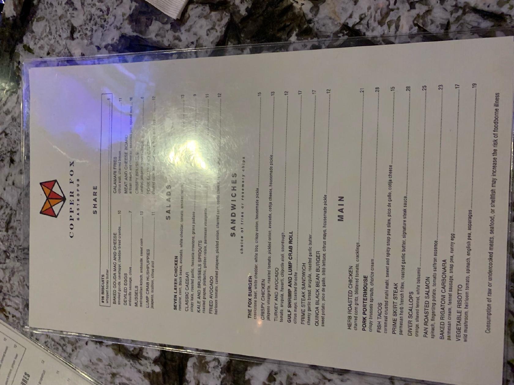 Menu at Copper Fox Gastropub, Chicago, 165 E Ontario St
