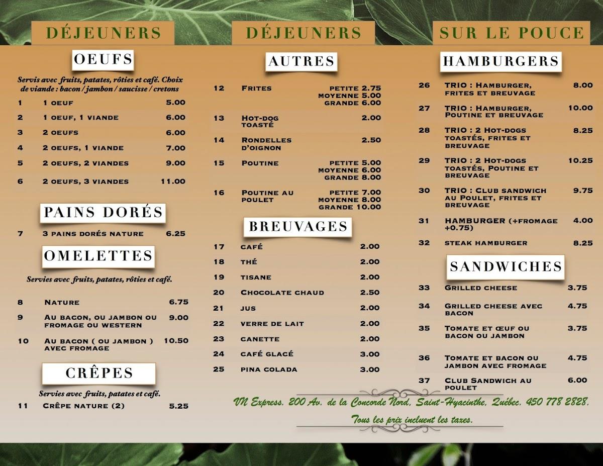 Menu au Restaurant vietnamien V.N. Express, SaintHyacinthe