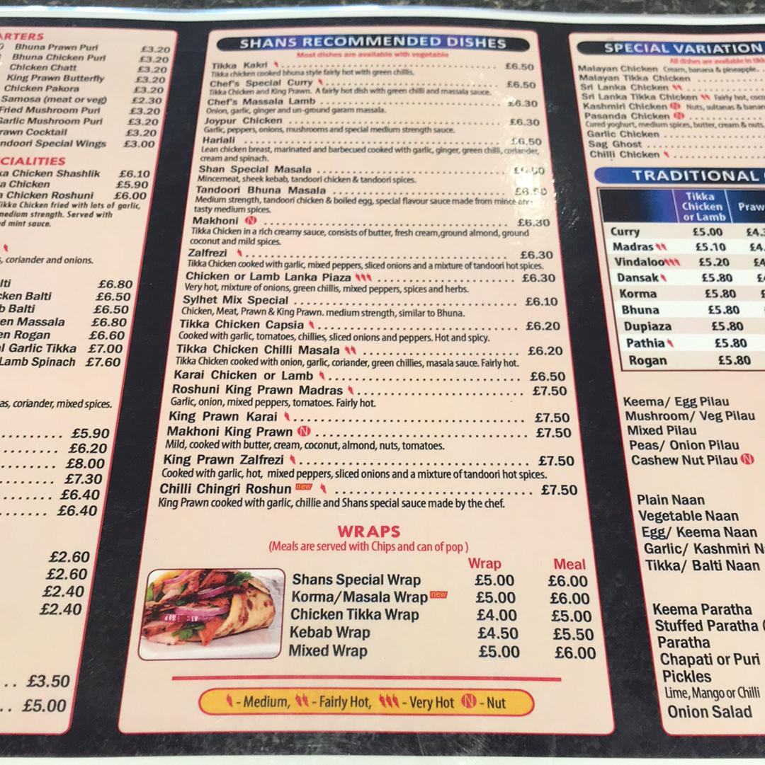 Menu at Shans Balti House fast food, Sunderland
