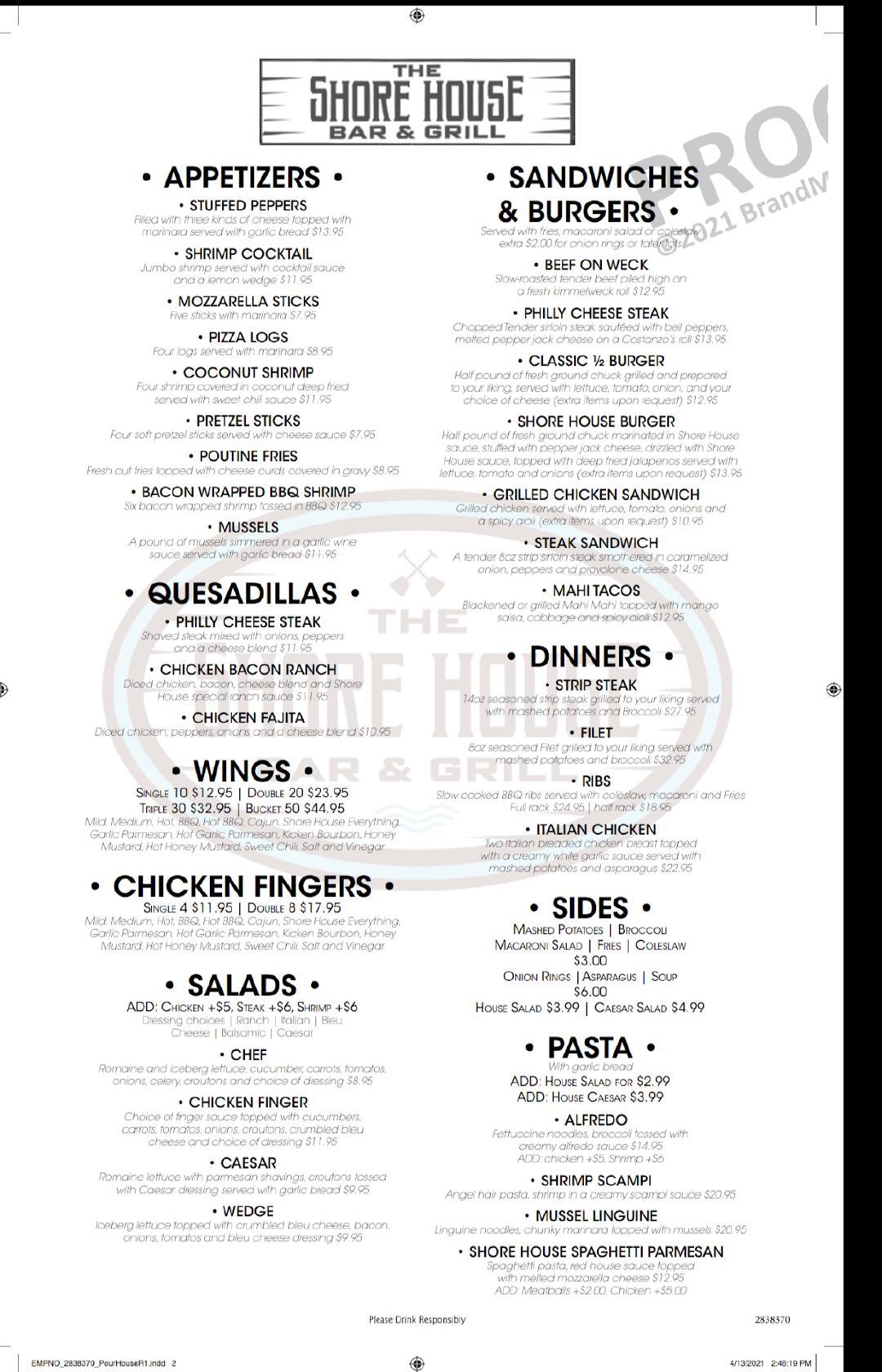 R154 The Shore House Bar And Grill Menu 