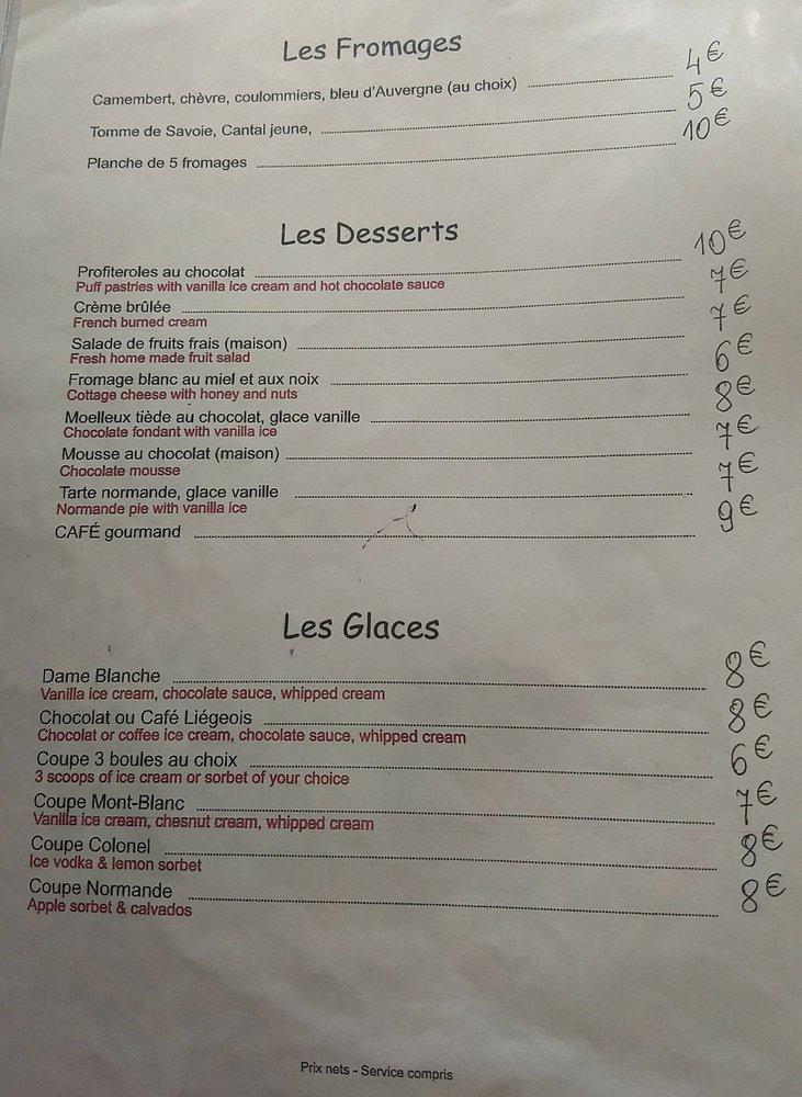 Menu at Le Volcan restaurant, Paris