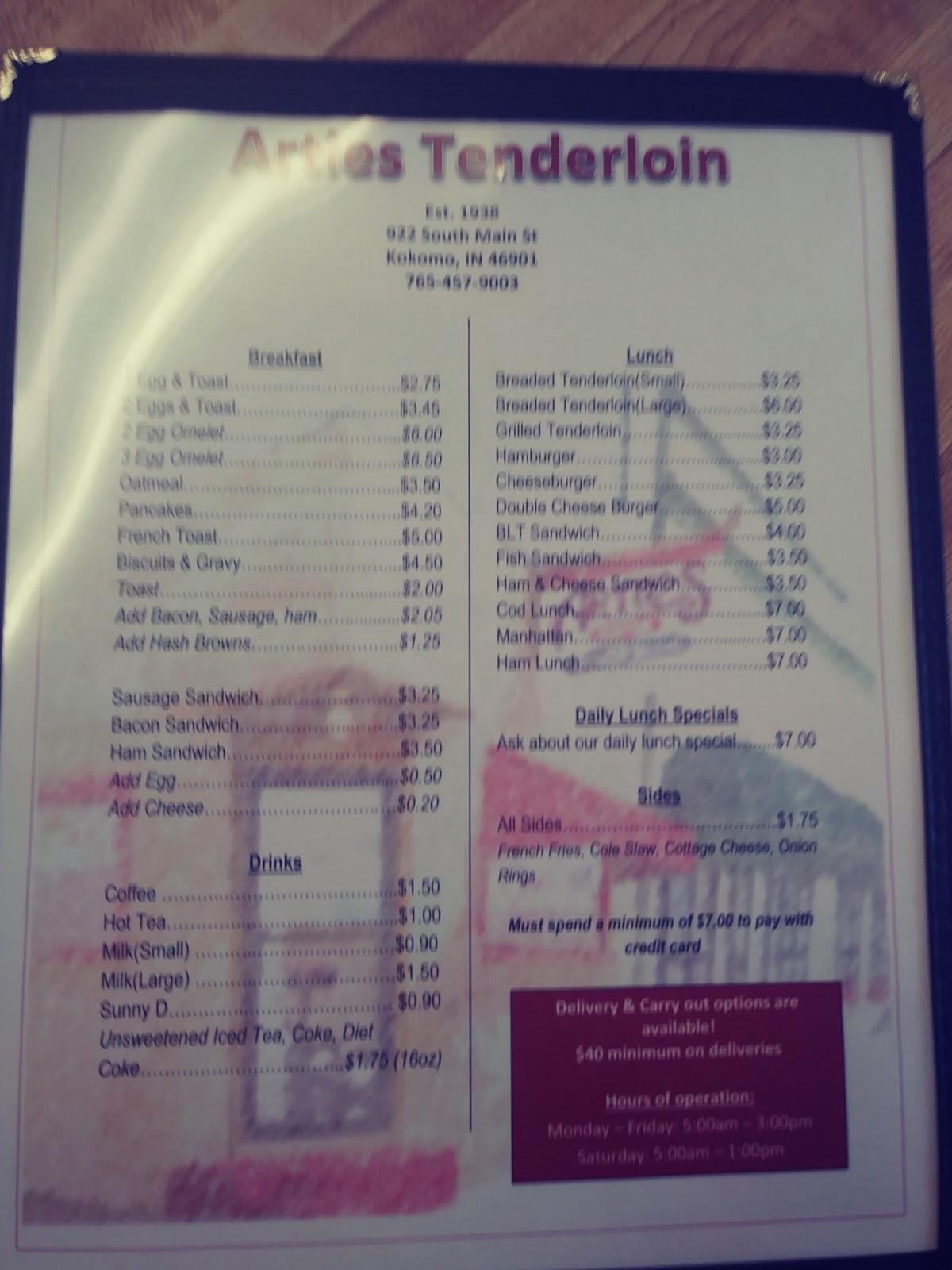 Menu at Artie's Tenderloin restaurant, Kokomo