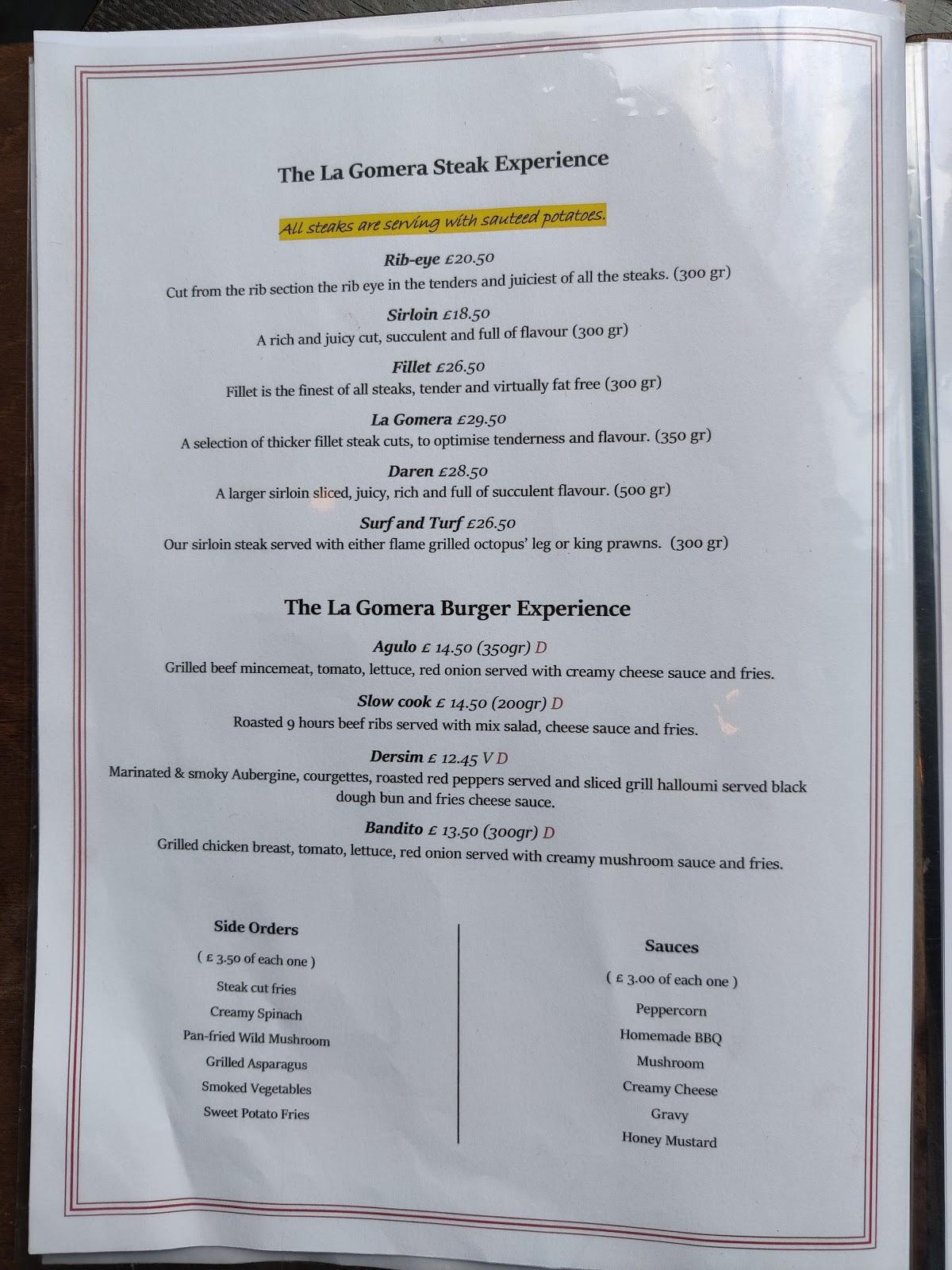 Menu at La Gomera Fish & Meat House restaurant, Liverpool