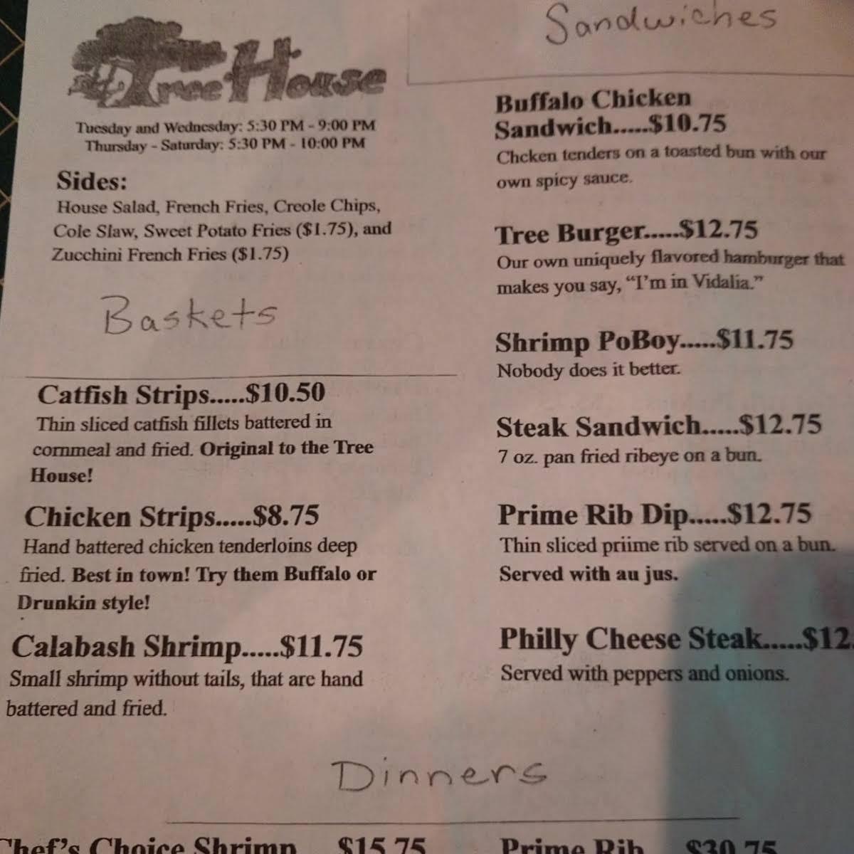 Menu at Tree House steakhouse, Vidalia