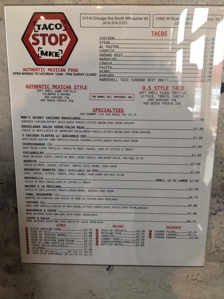 Menu at Taco Stop MKE of Elm Grove restaurant, Elm Grove, W Bluemound Rd