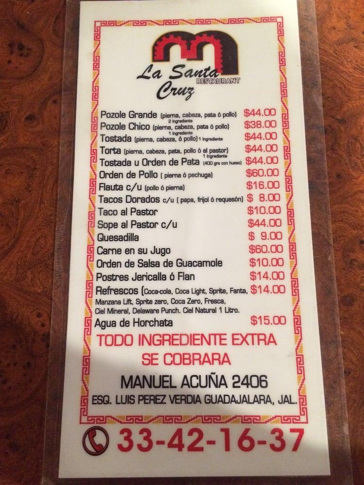 Carta del restaurante La Santa Cruz, Guadalajara, Avenida Manuel Acuña 2406
