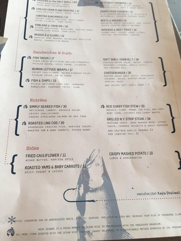 Menu at Hook Restaurant, Vancouver