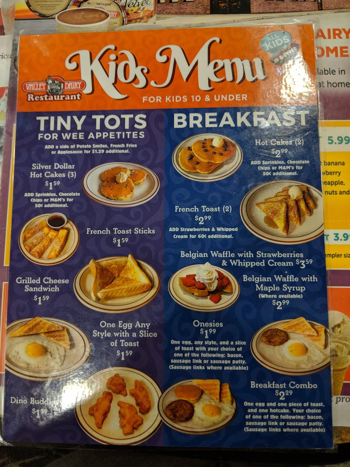 Menu at Valley Dairy Restaurant, DuBois, 18 Hoover Ave