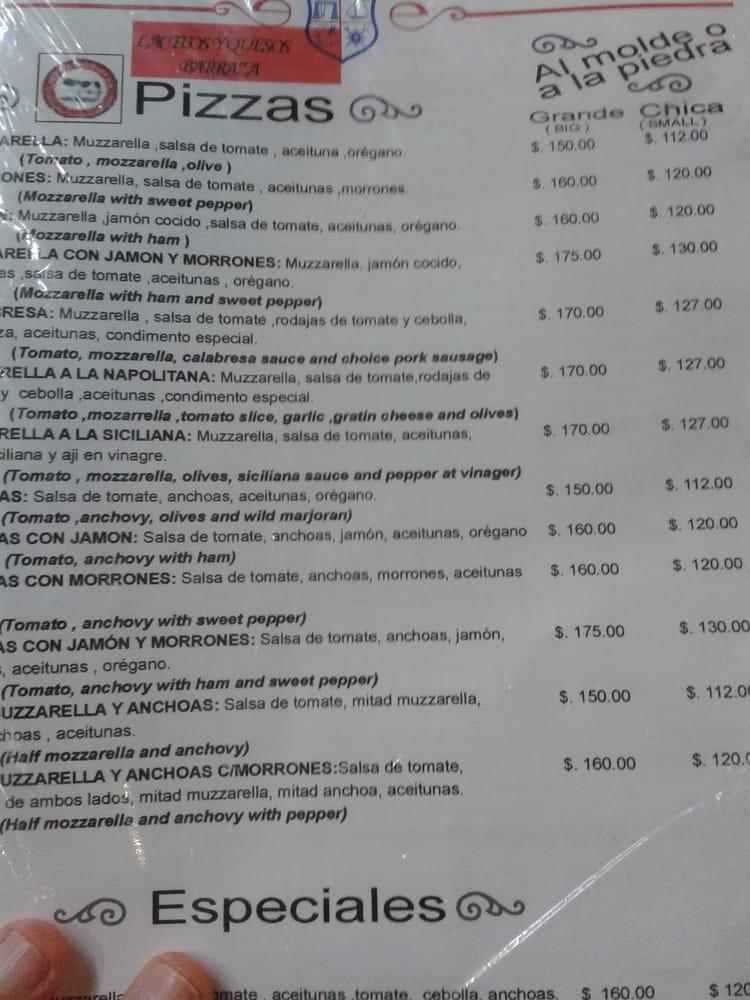 Carta de pizzería Banchero, Buenos Aires, Av. Corrientes 1300