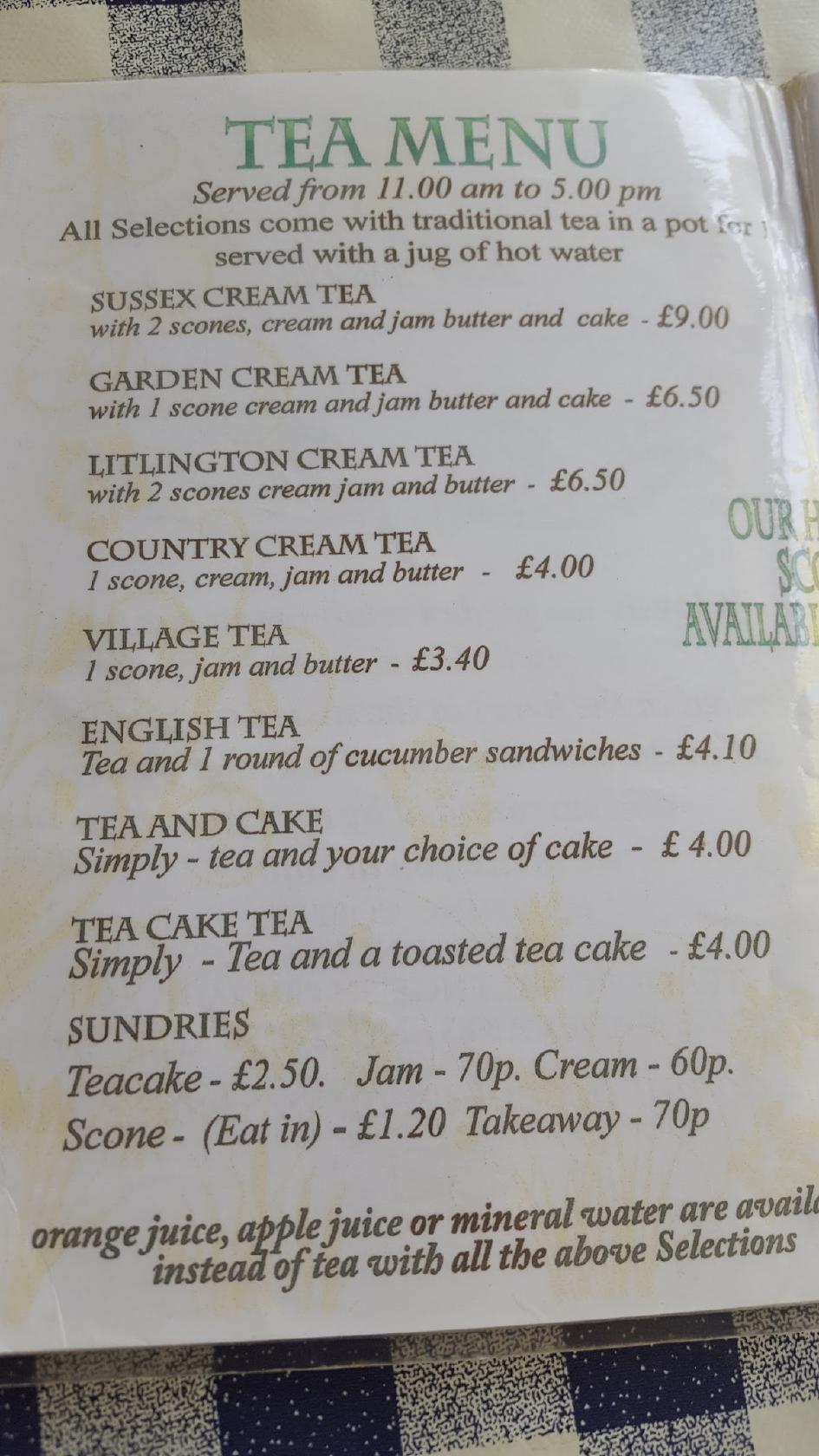 Menu at Litlington Tea Gardens cafe, Alfriston, The St