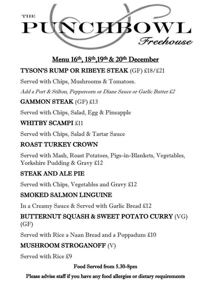 Menu at The Punch Bowl Inn pub & bar, England, The Green
