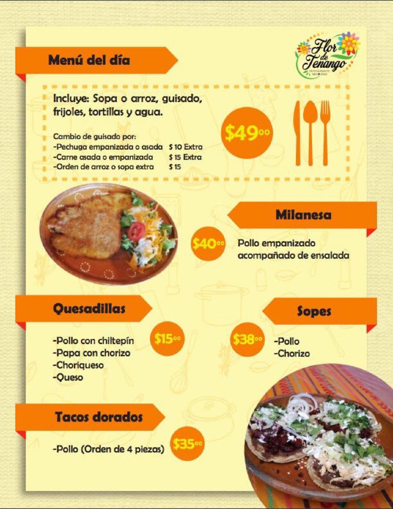 Menu at Flor de Tenango restaurant, Fraccionamientos del Sur