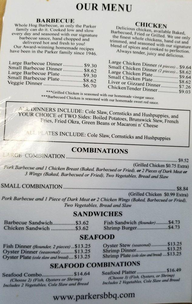 Menu at Parker's Barbecue Restaurant, Greenville, S Memorial Dr