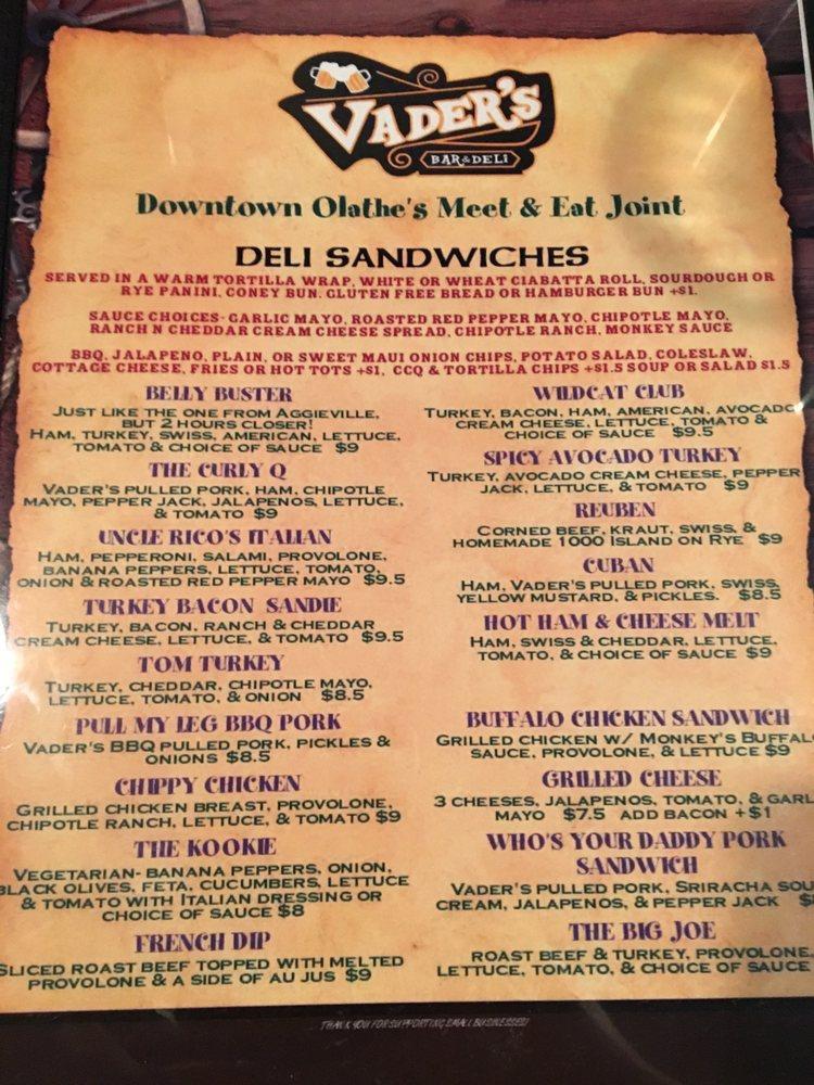 Carta de Vader's Bar & Deli, Olathe