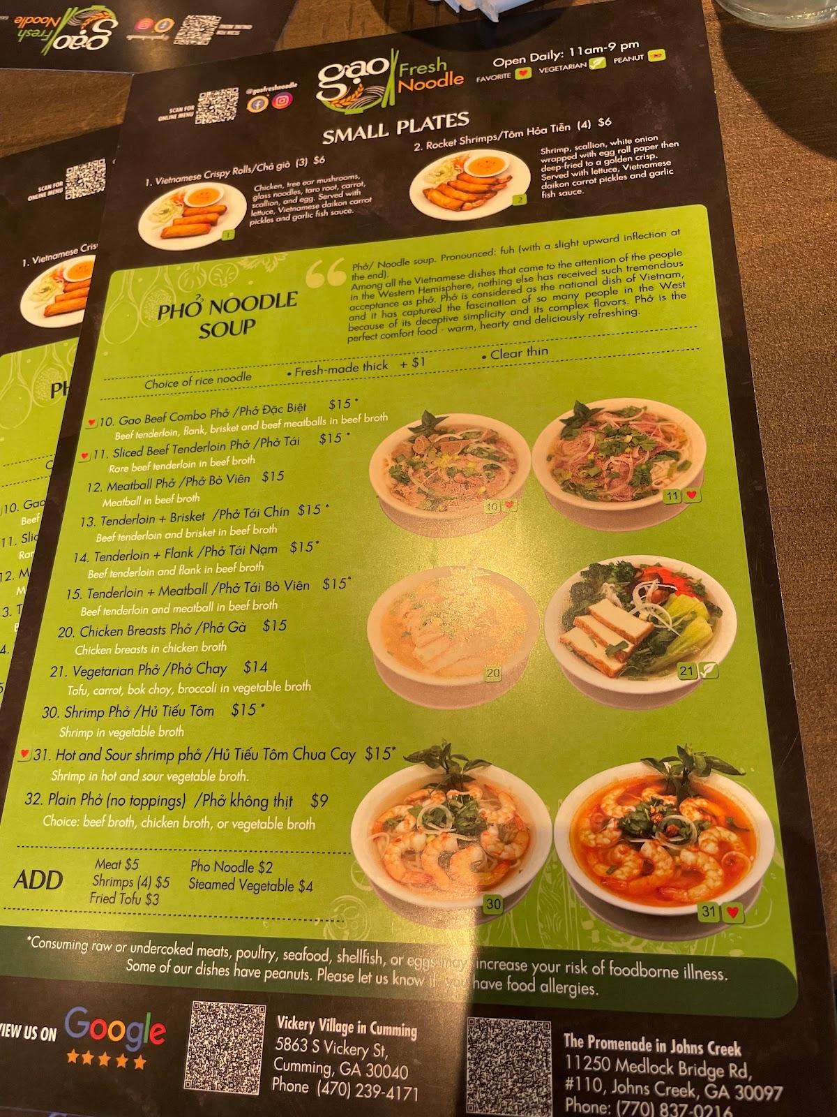 Menu at Gao Fresh Noodle restaurant, Johns Creek