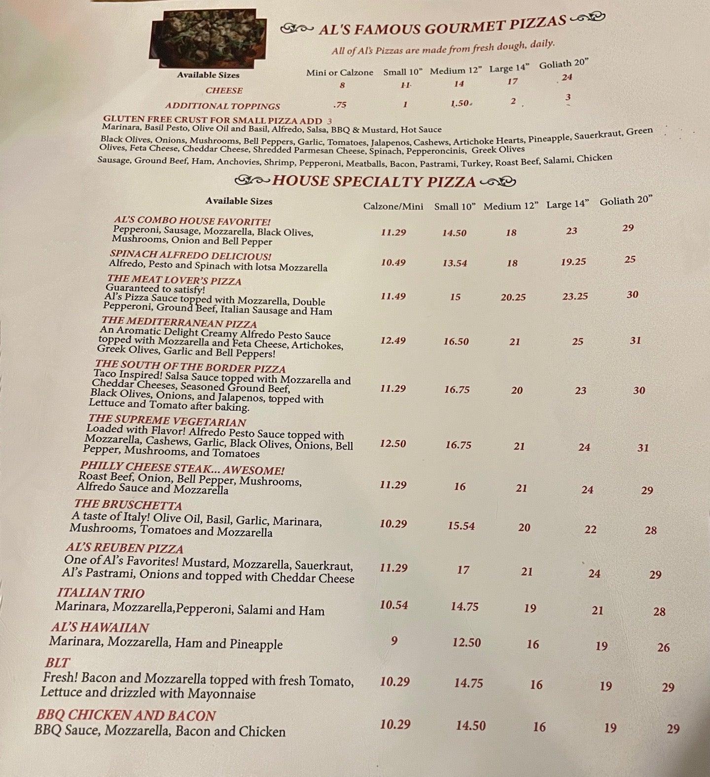 Menu at Silly Al's Pizza In Quartzsite pub & bar, Quartzsite