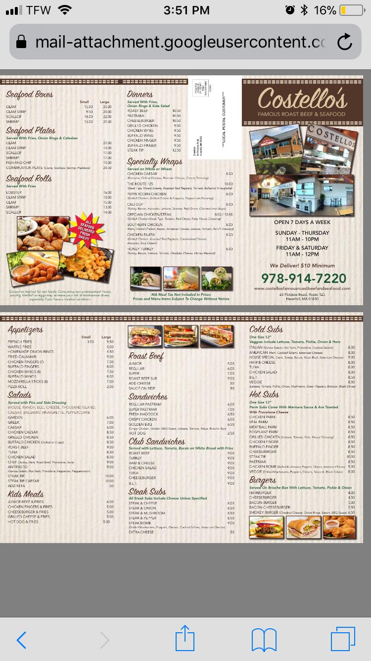 Menu at Costello’s Famous Roastbeef, Seafood & Pizza BBQ, Haverhill
