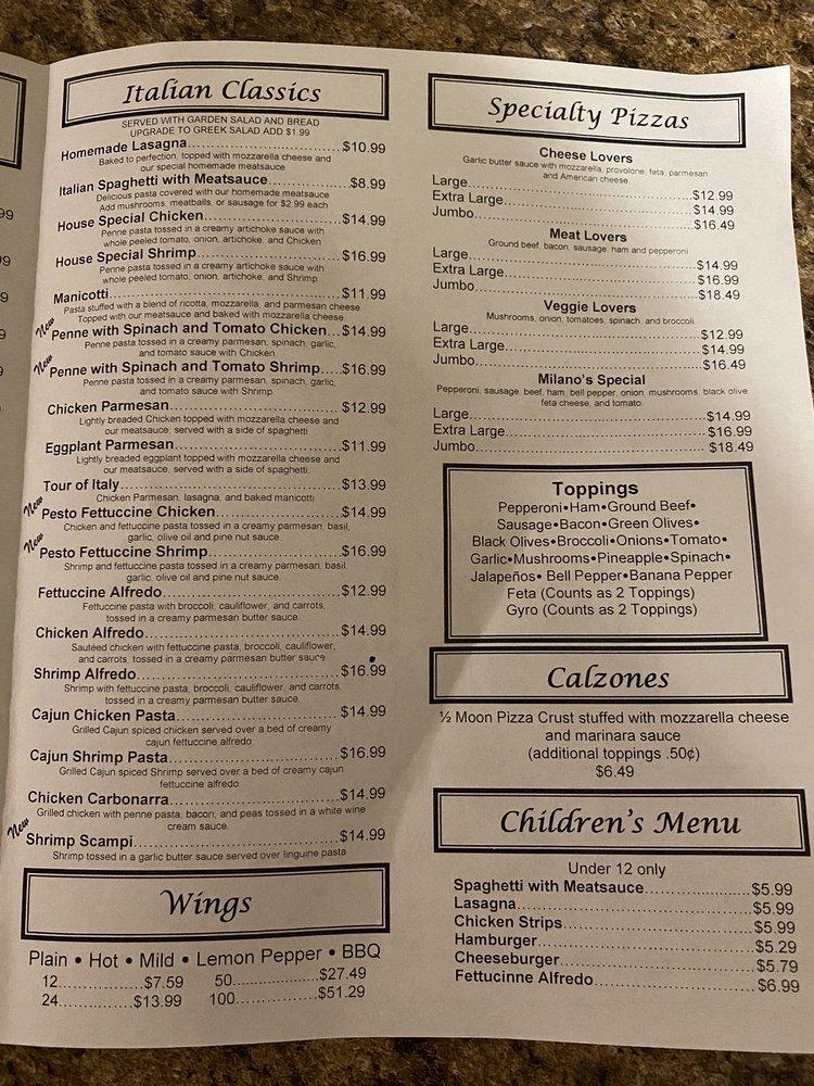 Menu at Milano's Pizza pizzeria, LaGrange