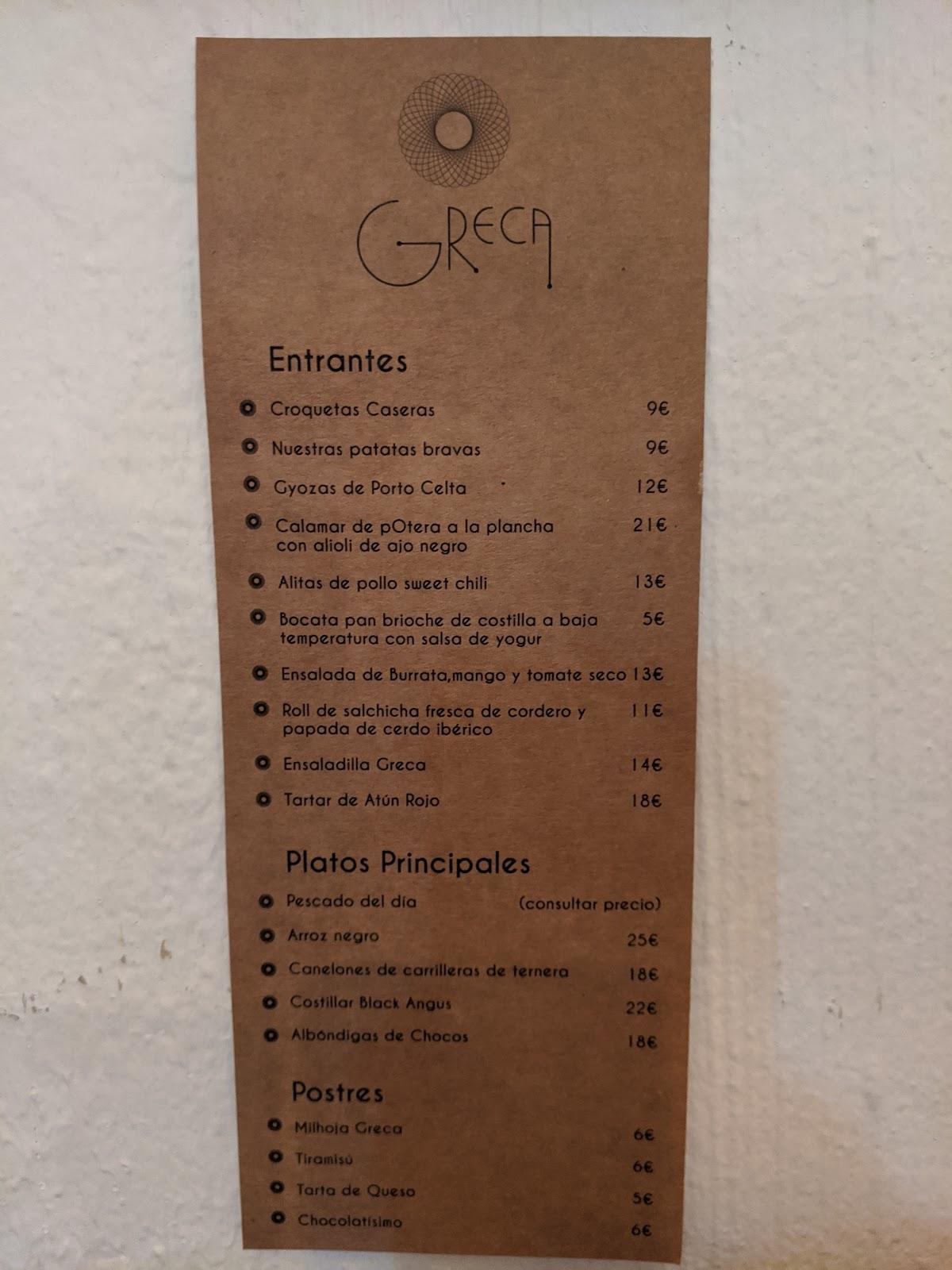 Carta del pub y bar Greca, La Coruña