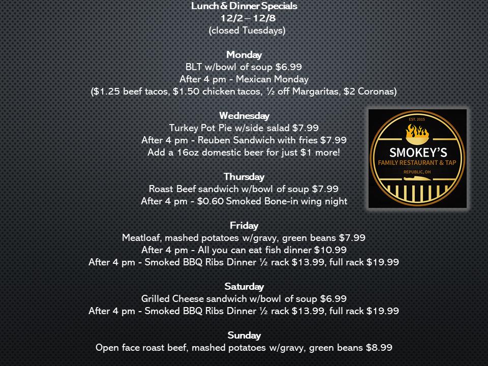 Menu at Smokey's Family Restaurant & Tap, Republic