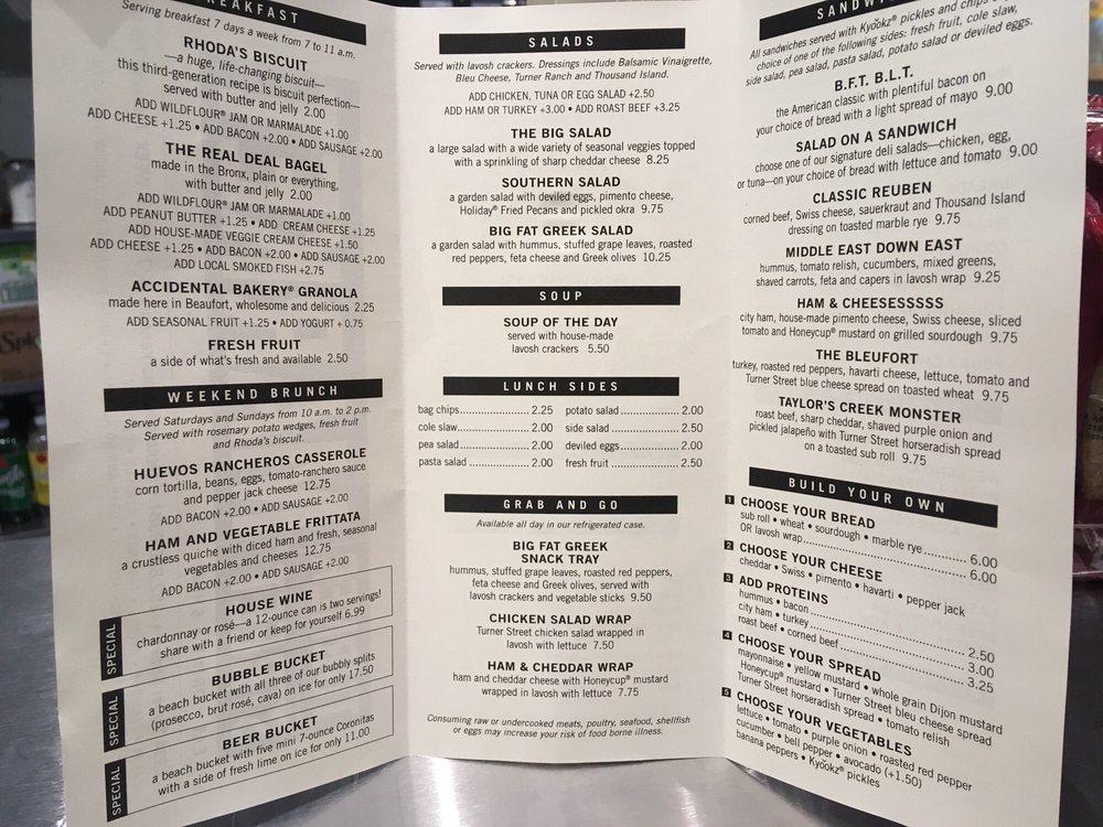 Menu at Turner Street Market restaurant, Beaufort