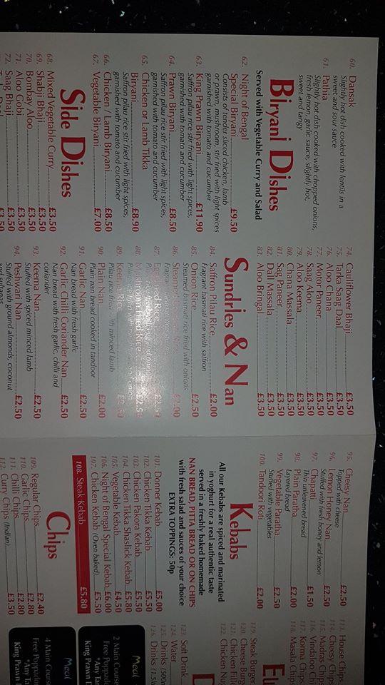 Menu at Night of Bengal fast food, Belfast